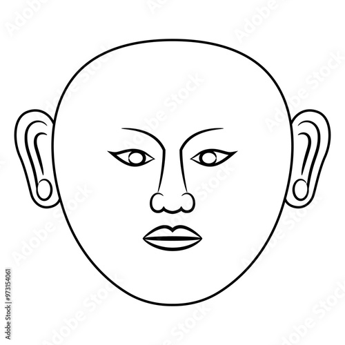 Stylized human face from ancient China. Ethnic Chinese funerary mask. Buddhist symbol. Black and white linear silhouette.