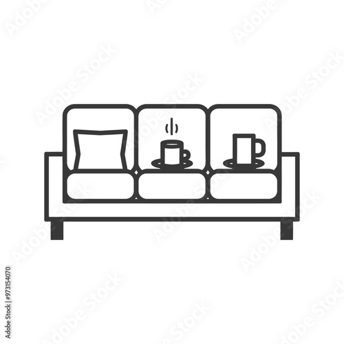 A simple line drawing of a couch with a pillow and two cups