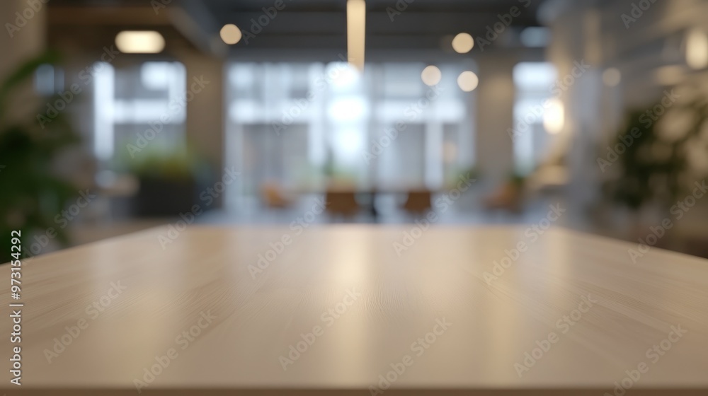 A blurred interior space with a focus on a wooden table, suggesting a modern office environment. A blurred interior space with a focus on a wooden table, suggesting a modern office environment.