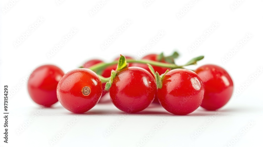 A cluster of shiny red cherry tomatoes on a white background. A cluster of shiny red cherry tomatoes on a white background.
