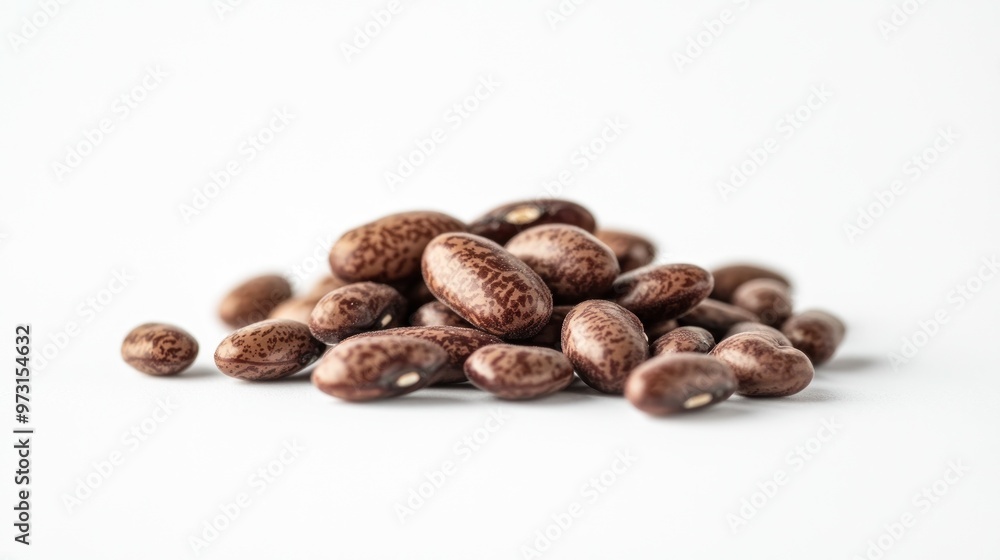 A pile of speckled brown beans on a white background, showcasing their texture and shape. A pile of speckled brown beans on a white background, showcasing their texture and shape.