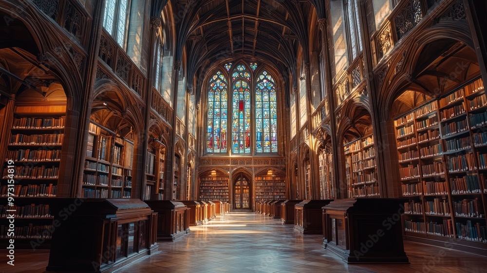 Obraz premium A grand library interior with stained glass windows, bookshelves, and warm lighting.
