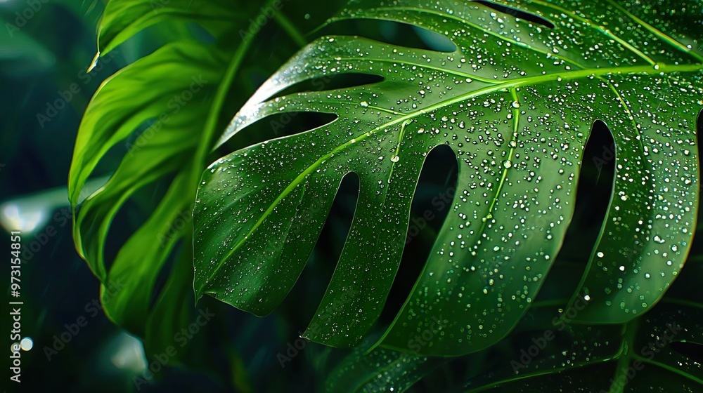 Close-up of a lush green monstera leaf with water droplets. Close-up of a lush green monstera leaf with water droplets.