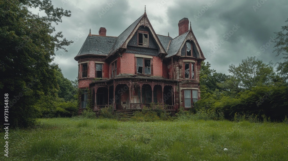 Obraz premium A dilapidated Victorian mansion surrounded by overgrown grass and trees under a cloudy sky.