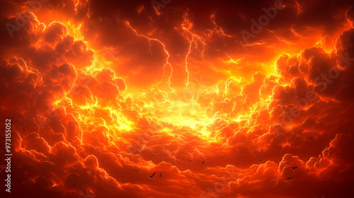 Fiery sky illuminates a scene evoking a vision of the apocalypse and the dawning of Judgment Day.