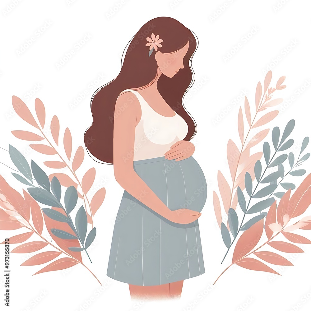 A flat-style illustration of a pregnant woman standing gracefully, surrounded by soft leaves. Ideal for maternity, wellness, and nature-themed designs. Simple, elegant, and calming composition. A flat-style illustration of a pregnant woman standing gracefully, surrounded by soft leaves. Ideal for maternity, wellness, and nature-themed designs. Simple, elegant, and calming composition.