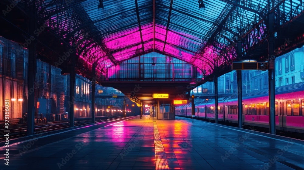 A vibrant train station at night, illuminated by colorful lights and reflections. A vibrant train station at night, illuminated by colorful lights and reflections.