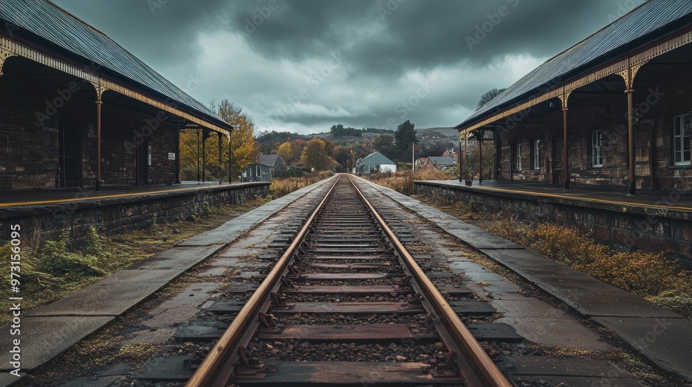 A deserted railway station under a moody sky, with tracks leading into the distance. A deserted railway station under a moody sky, with tracks leading into the distance.