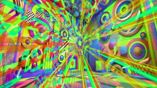 Explore a dazzling interior adorned with vibrant geometric shapes and colorful designs that create a lively atmosphere