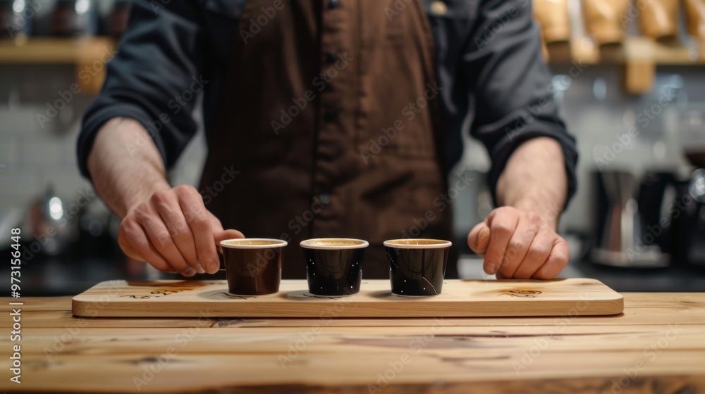 close-up man serving coffee in cups close-up man serving coffee in cups