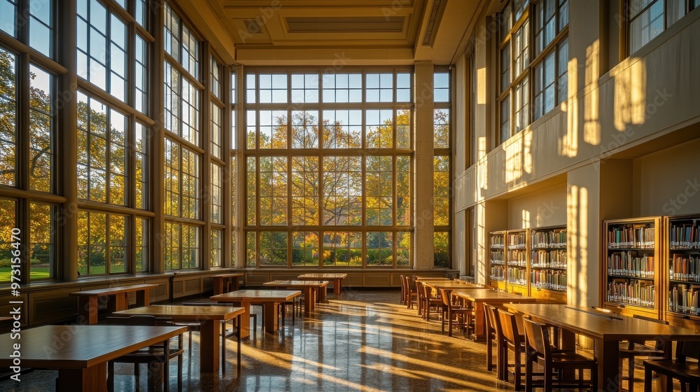 custom made wallpaper toronto digitalA bright library interior with large windows, showcasing autumn light and study spaces.