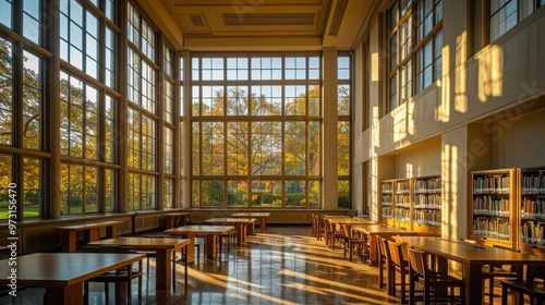 Wallpaper Mural A bright library interior with large windows, showcasing autumn light and study spaces. Torontodigital.ca