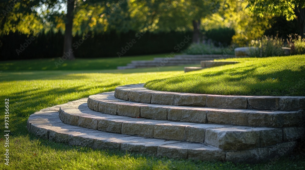 A serene landscape featuring stone steps leading to a grassy area under trees. A serene landscape featuring stone steps leading to a grassy area under trees.