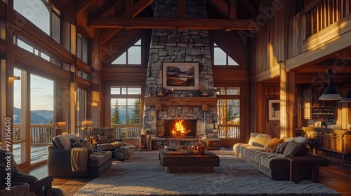 Cozy mountain cabin interior with a fireplace and large windows showcasing a scenic view.