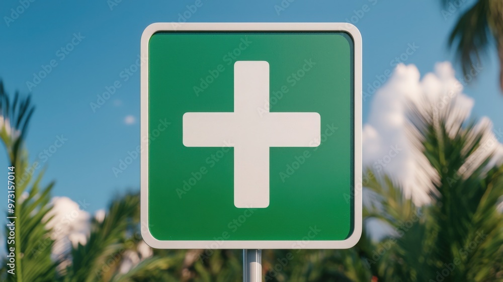 Obraz premium A vibrant green first aid sign against a tropical backdrop, symbolizing health and emergency care services.