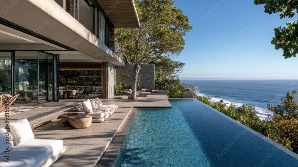 Fototapeta premium Modern villa with infinity pool overlooking the ocean and lush greenery.
