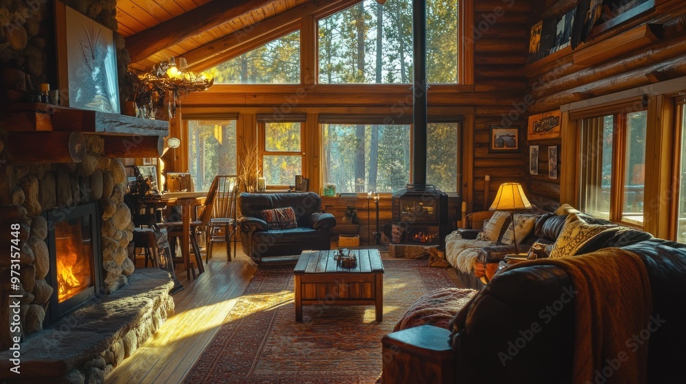 Cozy log cabin interior with warm lighting and a fireplace, inviting relaxation and comfort. Cozy log cabin interior with warm lighting and a fireplace, inviting relaxation and comfort.