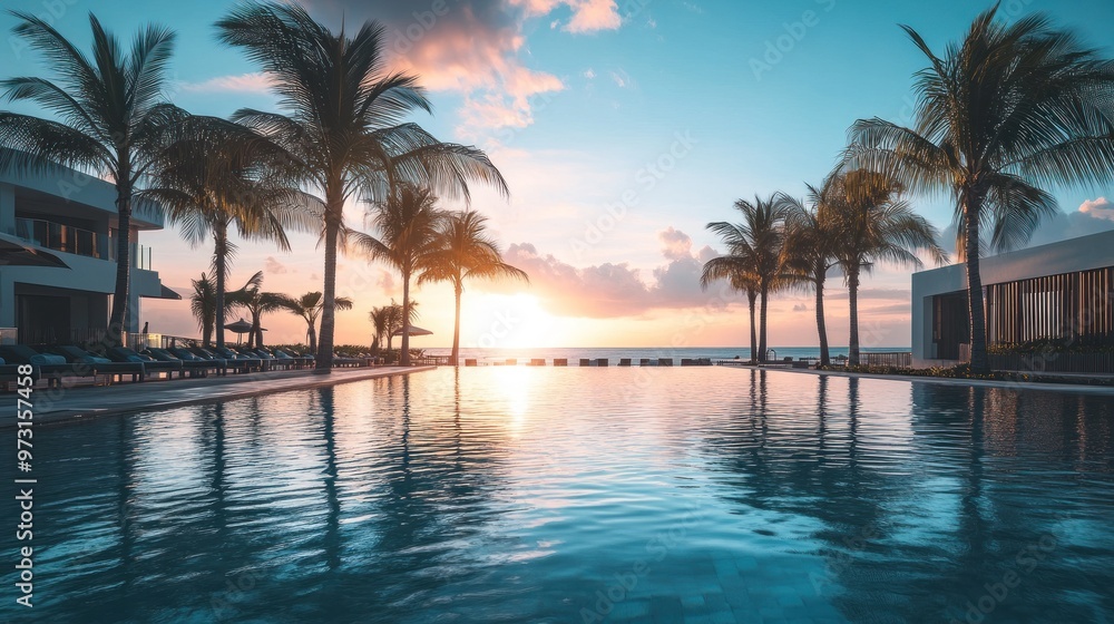 A tranquil sunset view over a pool surrounded by palm trees, evoking relaxation and leisure. A tranquil sunset view over a pool surrounded by palm trees, evoking relaxation and leisure.