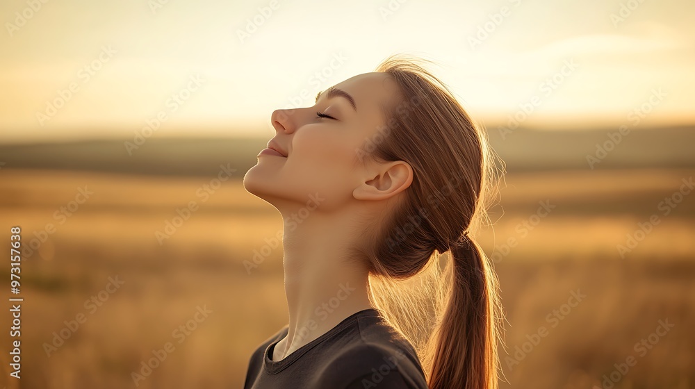 Young woman with closed eyes in a field at sunset, enjoying the nature and peace. Young woman with closed eyes in a field at sunset, enjoying the nature and peace.