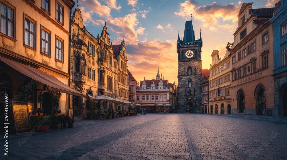 Fototapeta premium A picturesque square at sunset, featuring historic architecture and a clock tower.
