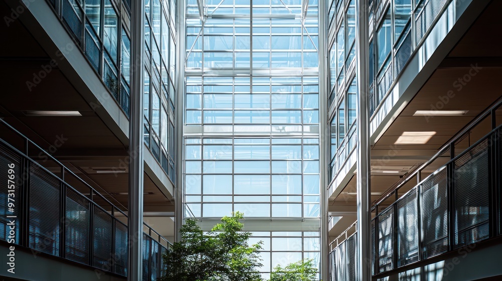A modern atrium with glass walls and greenery, promoting natural light and open space. A modern atrium with glass walls and greenery, promoting natural light and open space.