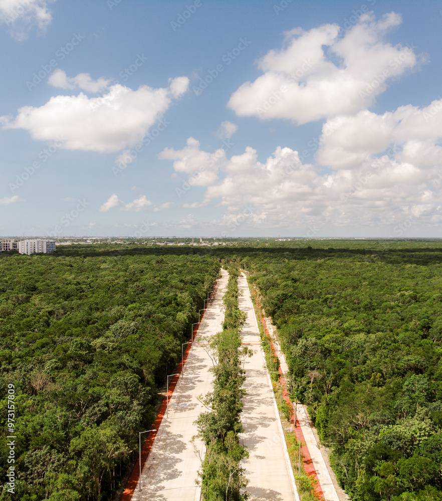 Naklejka premium Aerial drone view of large empty avenue through the green tropical jungle in Playa del Carmen with blue sky and few clouds on a sunny day