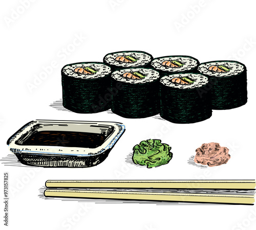 basic maki sushi salmon avocado with wasabi ginger and soy souce delicious food asian japanees restaurant dish draw linear illustration isolated on white background