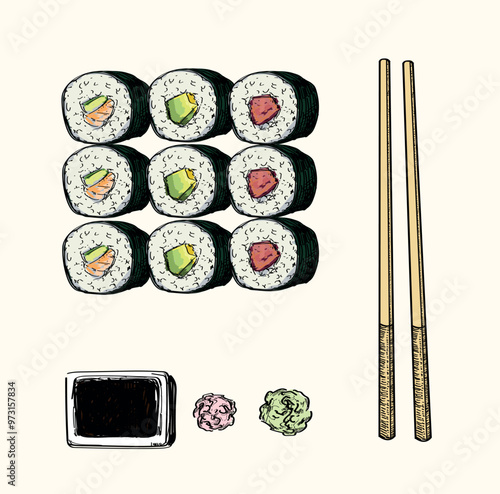sushi different types of maki delicious food asian japanees restaurant dish draw linear illustration isolated on white background