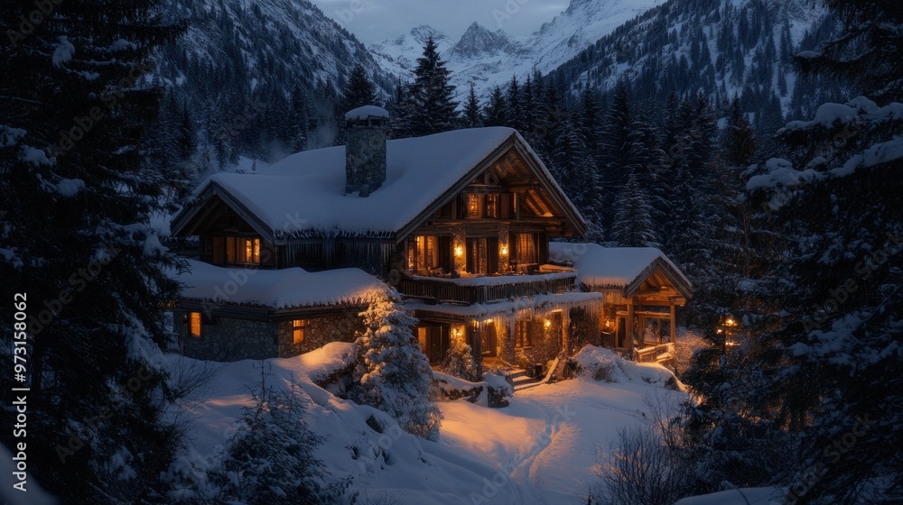 Cozy mountain chalet illuminated in snow, surrounded by pine trees and mountains at dusk. Cozy mountain chalet illuminated in snow, surrounded by pine trees and mountains at dusk.