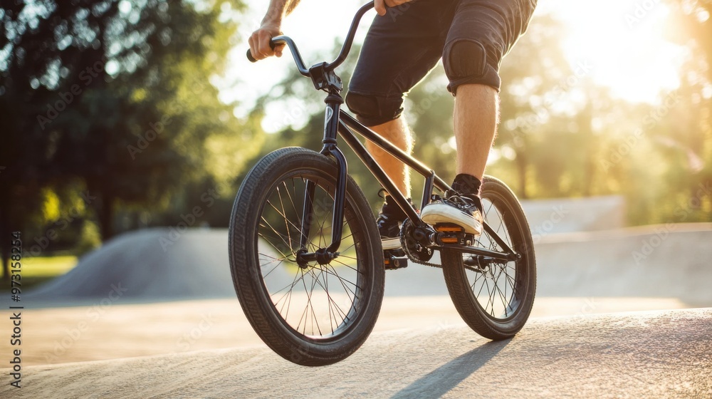 Fototapeta premium Rider Performing Tricks on BMX Bike in Sunlit Skatepark