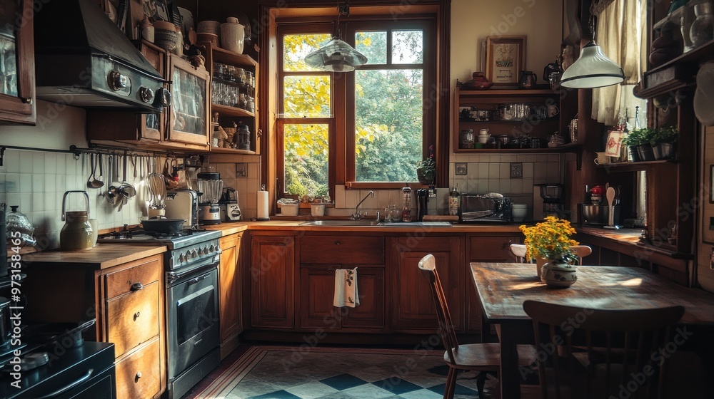 A cozy kitchen with wooden cabinets, sunlight, and a dining table adorned with flowers. A cozy kitchen with wooden cabinets, sunlight, and a dining table adorned with flowers.