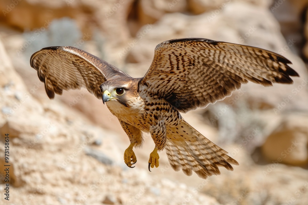 Fototapeta premium Falcon raptor flitting in desert nature wild life animal instinct closeup of falcon bird with generative ai