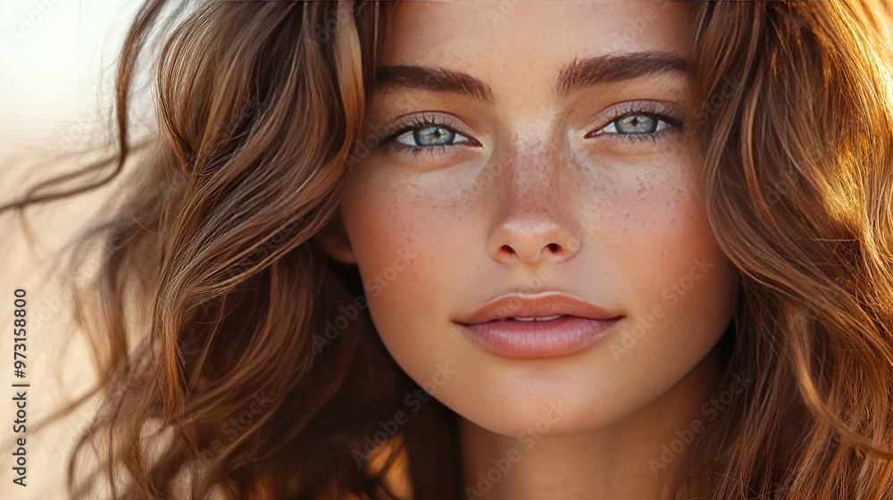 Close-up portrait of a young woman with freckles and wavy brown hair Close-up portrait of a young woman with freckles and wavy brown hair