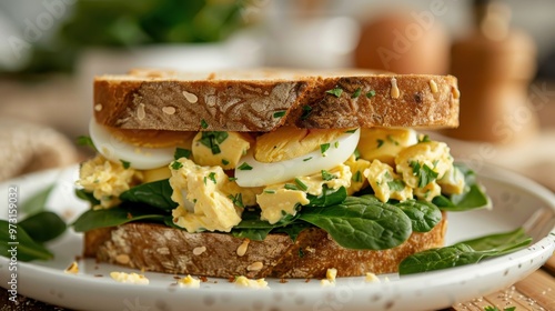 A sandwich with spinach and eggs on a white plate