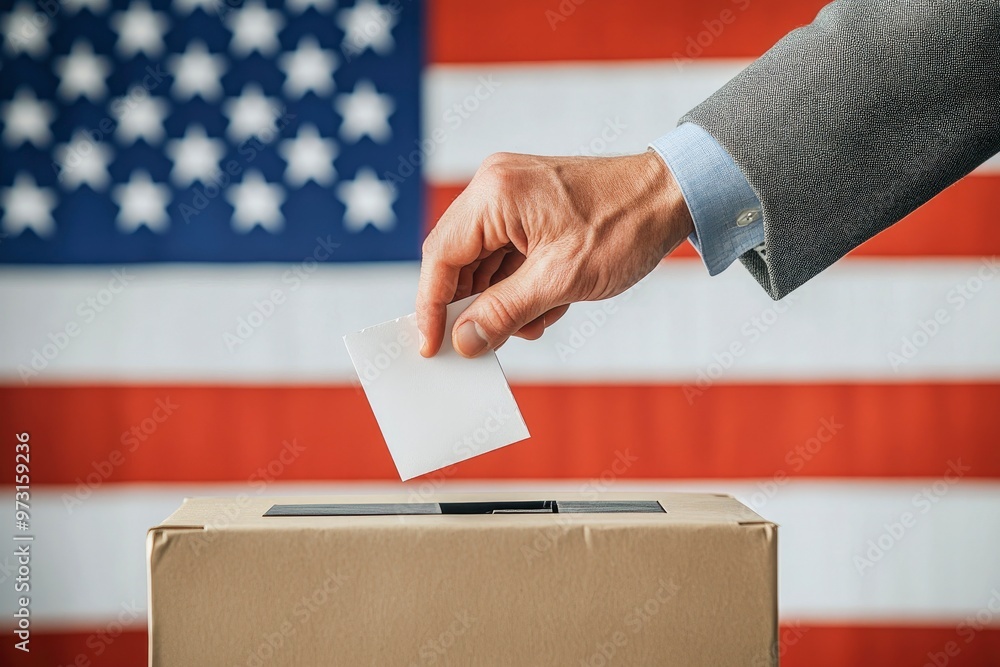 Hand Casting Vote in Ballot Box with American Flag Background with generative ai Hand Casting Vote in Ballot Box with American Flag Background with generative ai