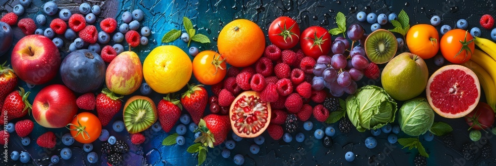 ibrant palette of colorful fruits, berries and vegetables ibrant palette of colorful fruits, berries and vegetables