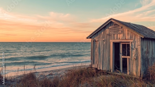 A weathered beach house by the ocean at sunset, surrounded by grass and sand.