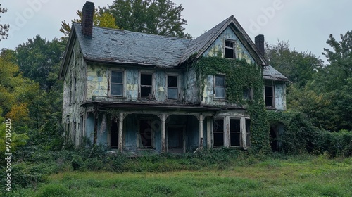 An abandoned, overgrown house surrounded by trees and foliage, evoking a sense of decay.