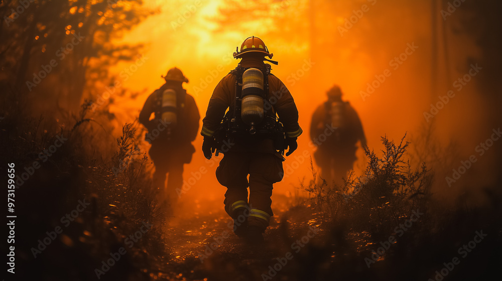 Fototapeta premium Three firefighters are walking through a forest in the evening. The sky is orange and the trees are dark