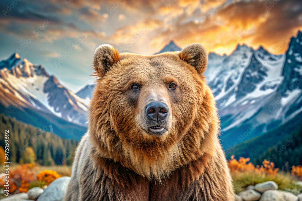 Grizzly Bear Portrait with Mountain Background Grizzly Bear Portrait with Mountain Background