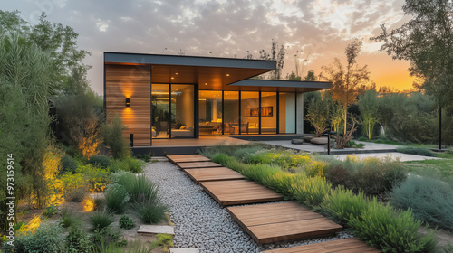 A house with a large yard and a walkway leading to it. The yard is filled with plants and trees, and the walkway is made of wood. The house has a modern design and is surrounded by a beautiful garden photo