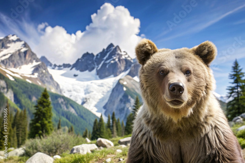 A Grizzly Bear Stands in Front of a Snowy Mountain Range