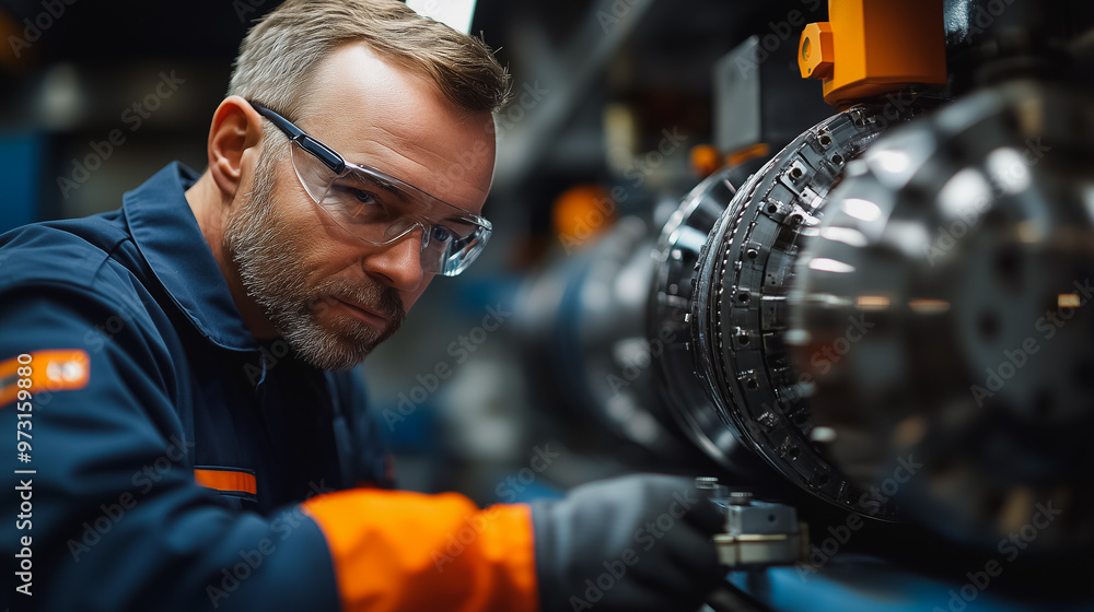 A man in a blue jacket and orange gloves is working on a machine. He is wearing safety glasses and a hard hat A man in a blue jacket and orange gloves is working on a machine. He is wearing safety glasses and a hard hat