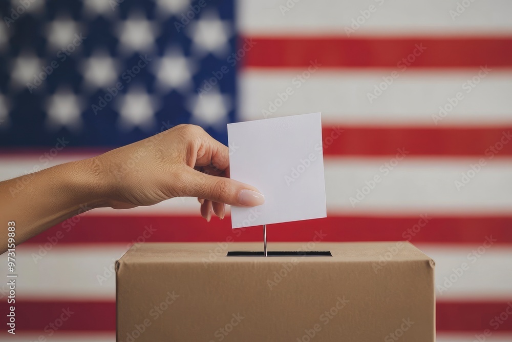 Hand Casting Vote in Ballot Box with American Flag Background with generative ai Hand Casting Vote in Ballot Box with American Flag Background with generative ai