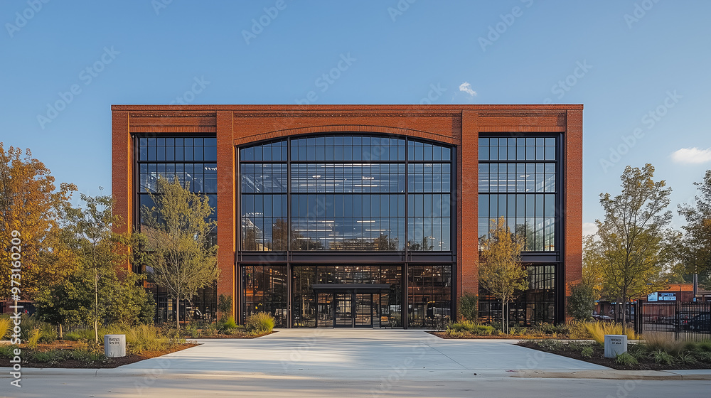 Obraz premium A large brick building with a glass facade. The building has a modern design and is surrounded by trees