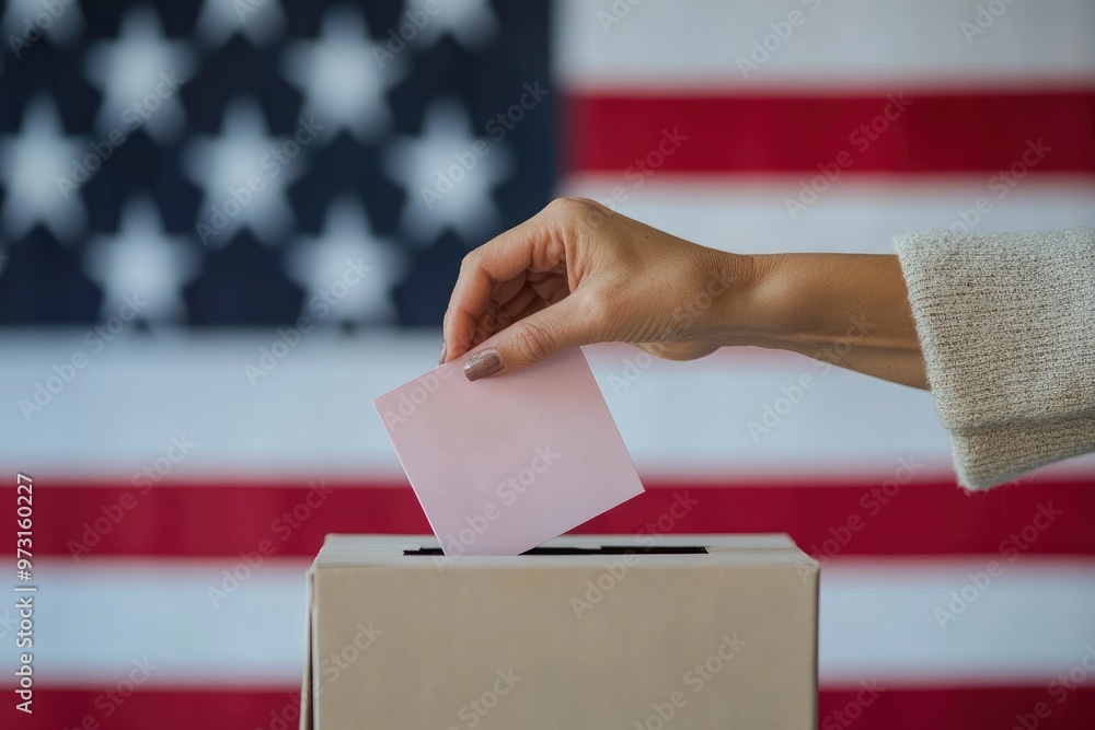 Hand Casting Vote in Ballot Box with American Flag Background with generative ai Hand Casting Vote in Ballot Box with American Flag Background with generative ai