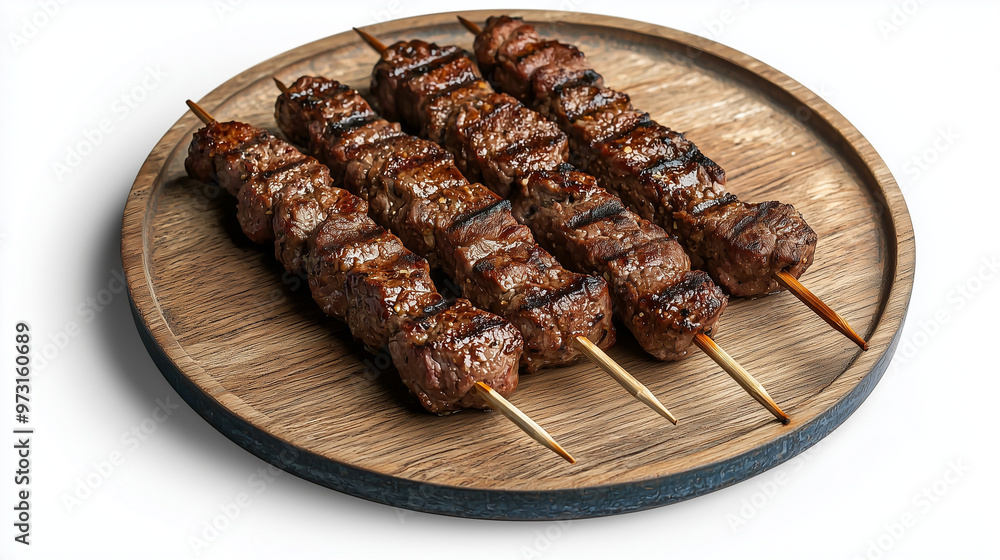 Close-up of three perfectly grilled beef skewers presented on a rustic wooden plate. ideal for showcasing premium barbecue dishes, ideal for menus, food blogs, or marketing materials. Close-up of three perfectly grilled beef skewers presented on a rustic wooden plate. ideal for showcasing premium barbecue dishes, ideal for menus, food blogs, or marketing materials.