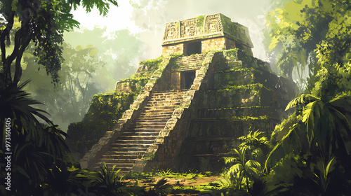 Fototapeta Naklejka Na Ścianę i Meble -  Mayan temple ruins in jungle, green and brown, historical and adventurous. Mayan Temple. Illustration