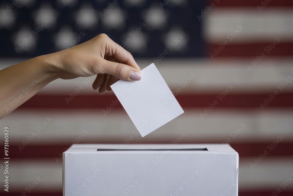 Hand Casting Vote in Ballot Box with American Flag Background with generative ai
