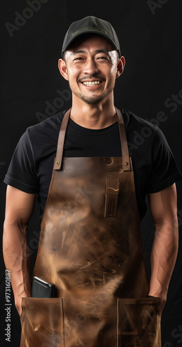 Portrait of a smiling man, male BBQ expert with an apron, arms confidently crossed. He is wearing a casual black cap, exuding warmth and professionalism. Perfect for use in marketing campaigns 